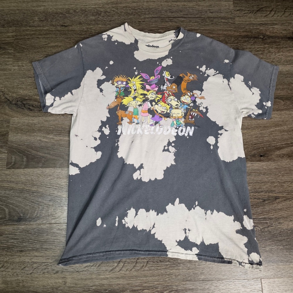 Nickelodeon Mens M T-Shirt Gray Bleach Wash 90s Nicktoons Graphic Crew Neck Tee